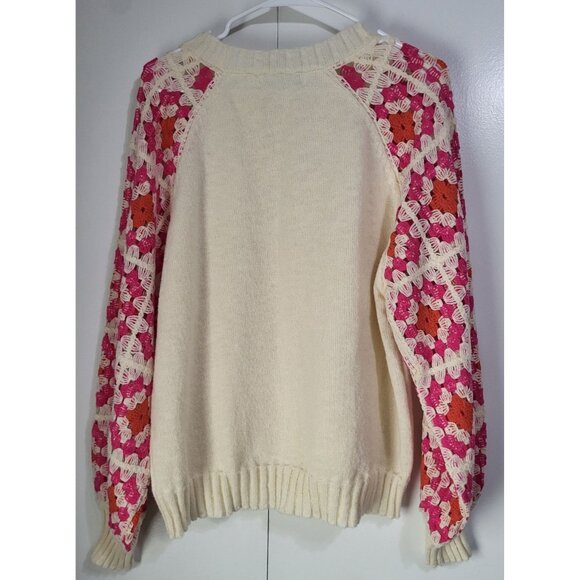 BUNULU Women's XL Rose Crochet Puff Sleeve Knit Sweater Boho Hippie Cottagecore - Picture 3 of 9
